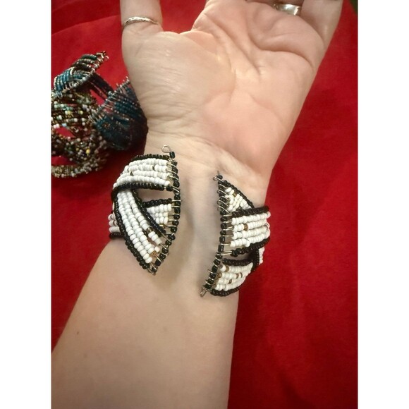 Set of 3 Seed Beaded Coil Wrap Bracelets: White, Teal, Multicolor Boho Gypsy - Picture 10 of 12